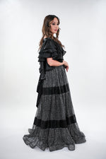 Load image into Gallery viewer, Rochelle layered glittery tulle v-neckline with layered balloon sleeve maxi dress