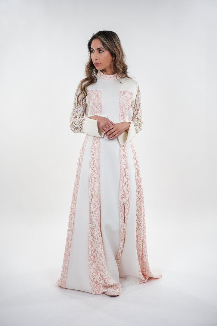 Amaya elegant contrasted lace high- neck with full sleeves maxi dress