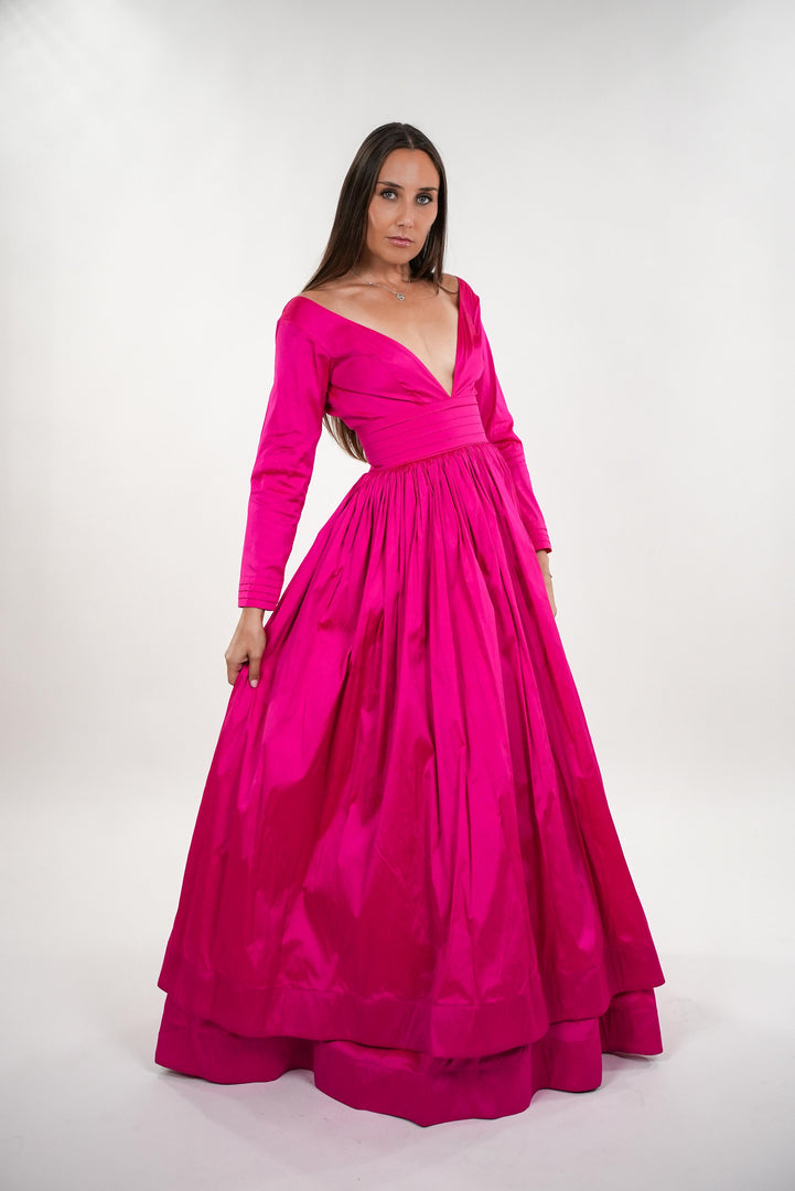 Amelia taffeta v-neckline dress with pleated waistband