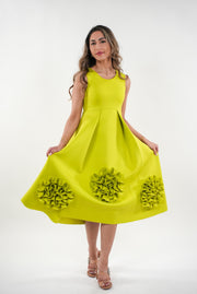 Illeana empire seam high waisted box- pleated midi dress with ruffled flowers