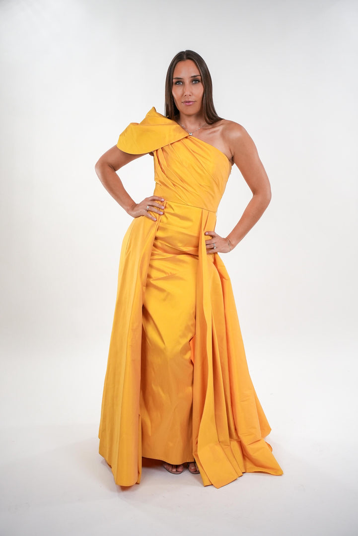 Cordelia tafetta asymmetrical shoulder strap trail sleeveless maxi dress
