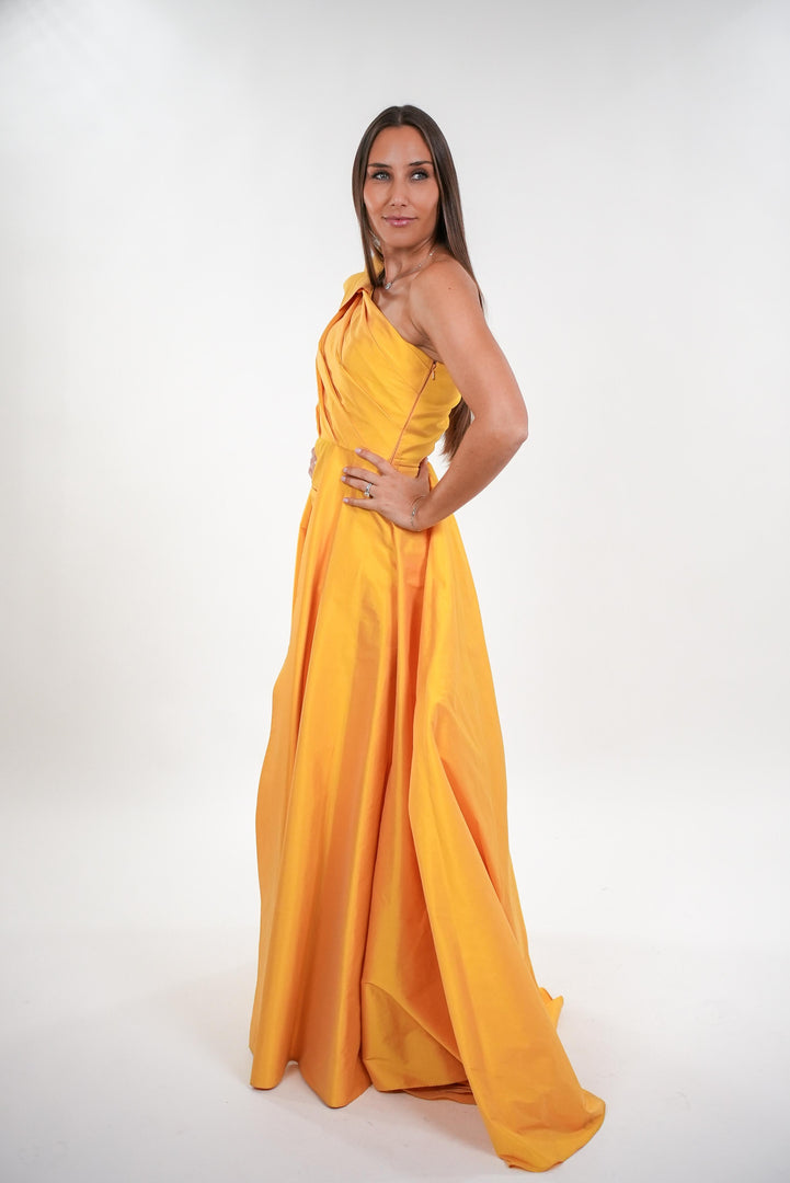 Cordelia tafetta asymmetrical shoulder strap trail sleeveless maxi dress