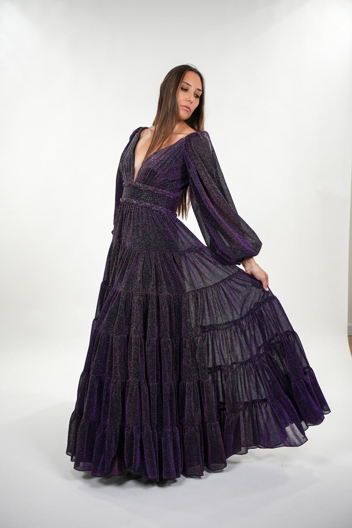 Narissa metallic pleated bustier sweetheart deep v- neckline with balloon sleeves maxi dress