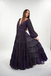 Narissa metallic pleated bustier sweetheart deep v- neckline with balloon sleeves maxi dress