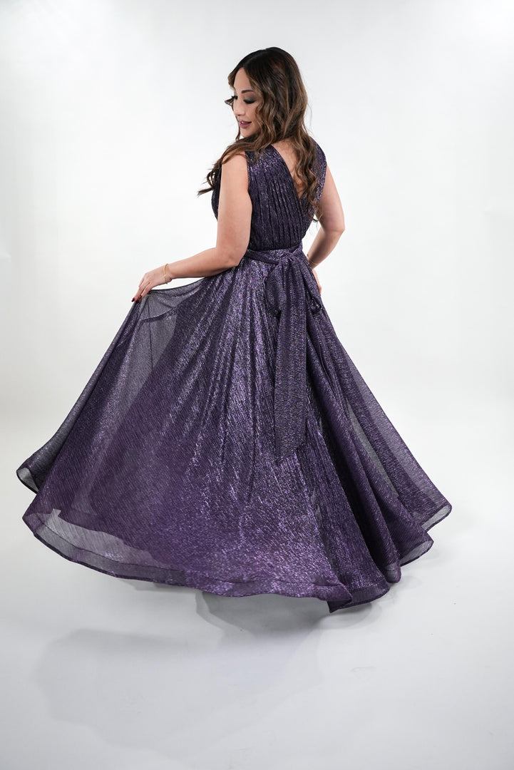 Irene metallic v- neckline with soft pleated wrap style gown