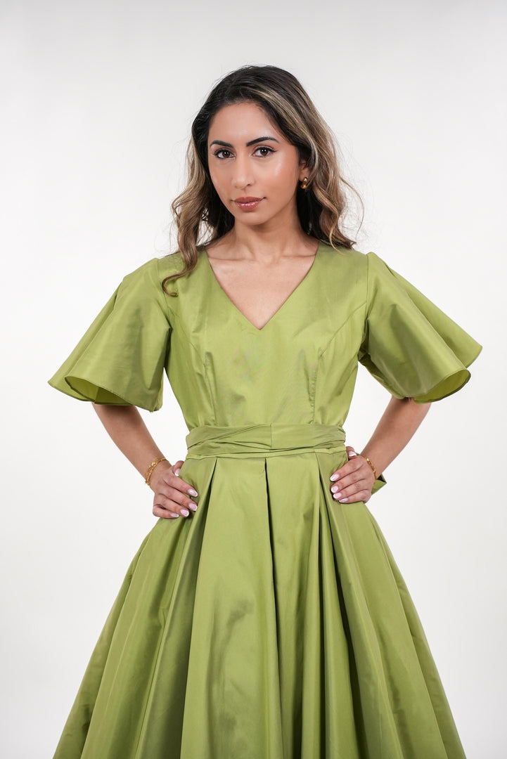 Norene tafetta pleated baby doll swing balloon sleeves maxi dress