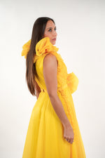 Load image into Gallery viewer, Symona tulle floral ruffled deep v- neckline sleeveless maxi dress with floral adjustable belt