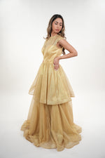 Load image into Gallery viewer, Helene metallic crepe two- tiered with cap sleeves maxi dress