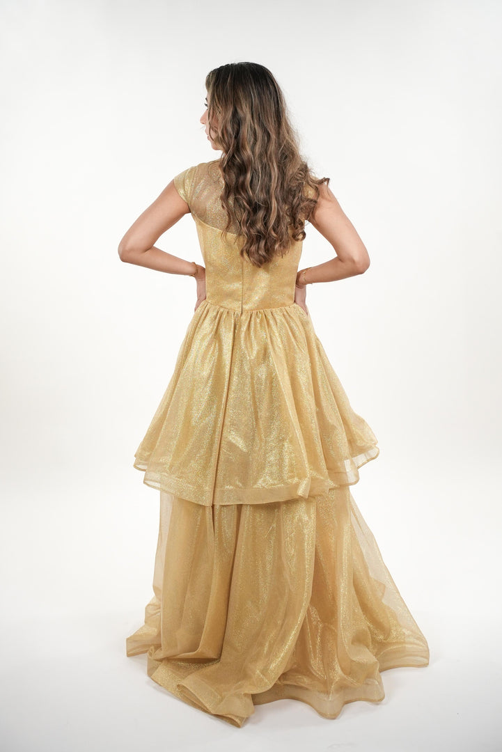 Helene metallic crepe two- tiered with cap sleeves maxi dress