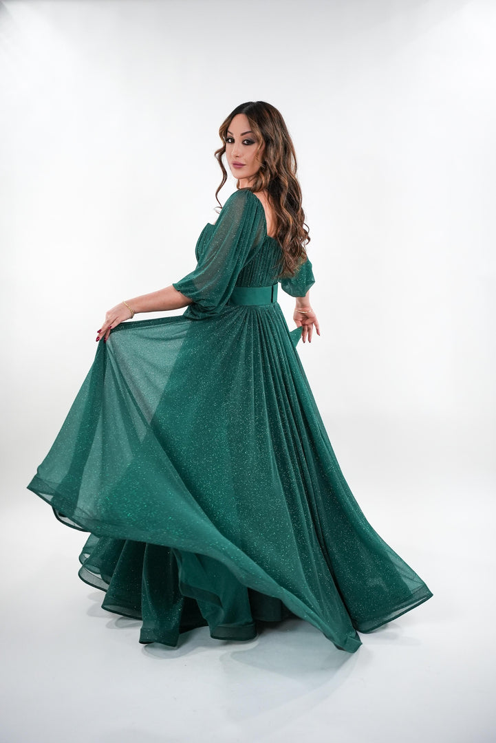 Ambrosia shimmer knit v-neckline puffy sleeves maxi dress with adjustable belt