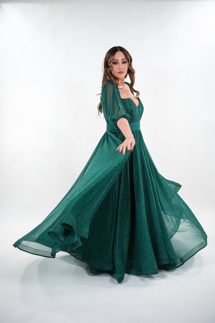 Ambrosia shimmer knit v-neckline puffy sleeves maxi dress with adjustable belt