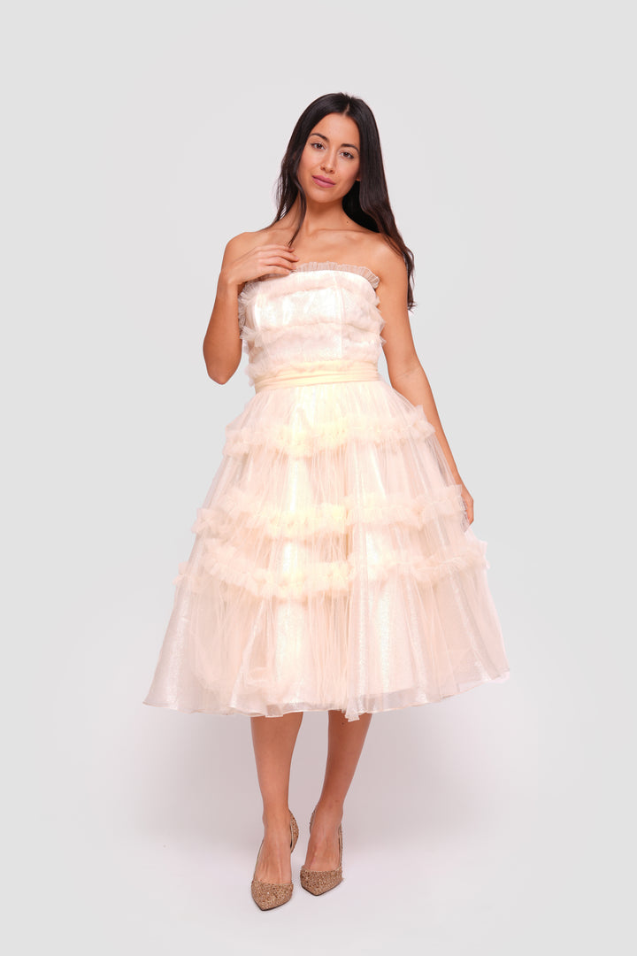Mira Light Champagne Gold Tulle With Glitter Corset Midi Dress