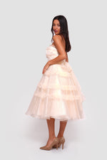 Load image into Gallery viewer, Mira Light Champagne Gold Tulle With Glitter Corset Midi Dress