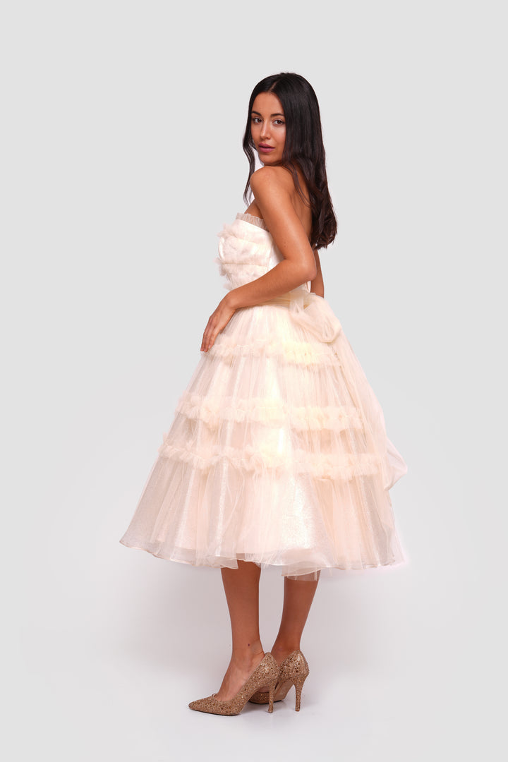 Mira Light Champagne Gold Tulle With Glitter Corset Midi Dress