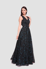 Load image into Gallery viewer, Mila Black With Turquoise Floral Glitter Sleeveless Maxi Dress
