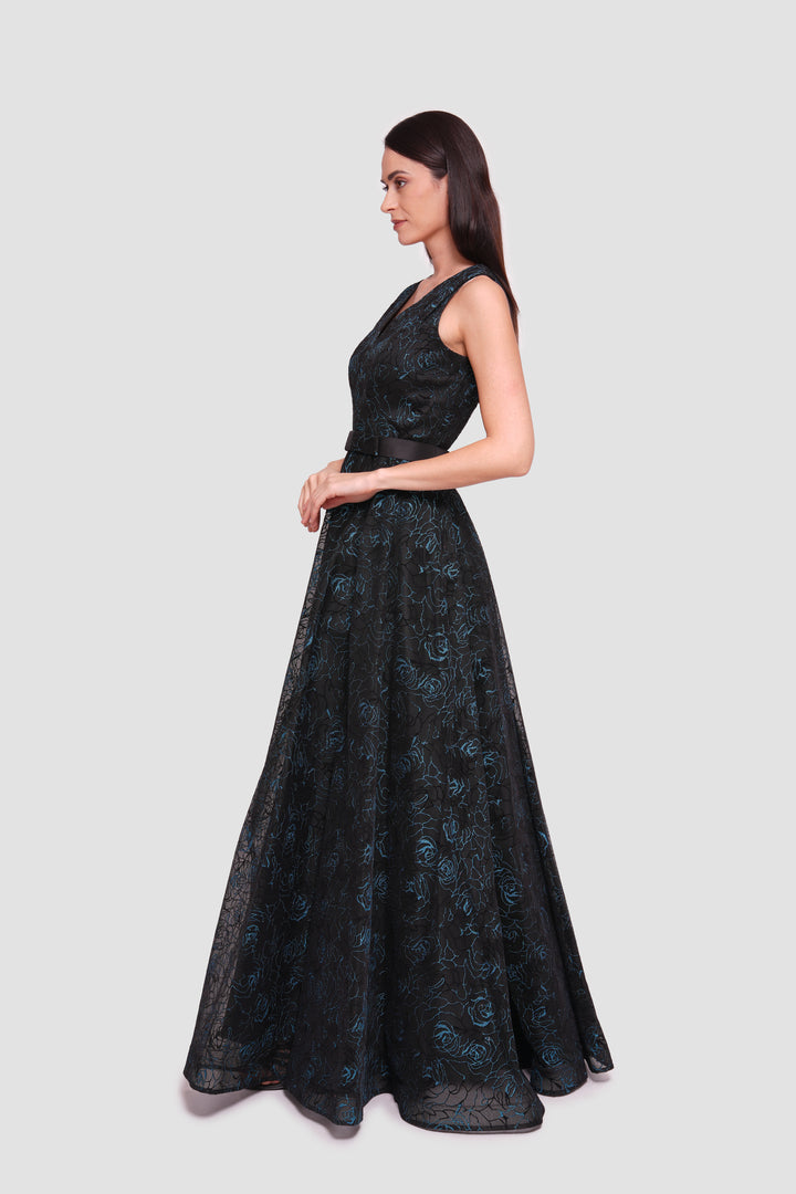 Mila Black With Turquoise Floral Glitter Sleeveless Maxi Dress