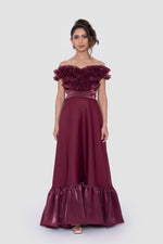 Load image into Gallery viewer, Elham Deep Plum Organza Corset Maxi Dress