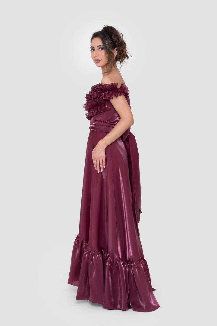 Elham Deep Plum Organza Corset Maxi Dress