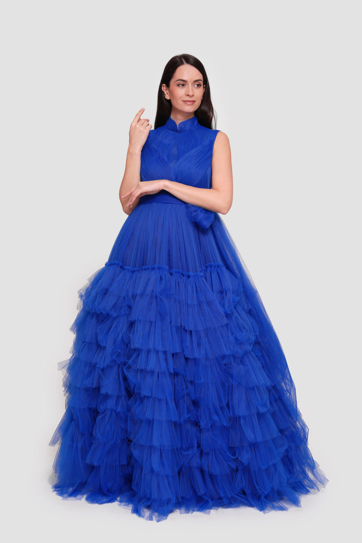 Lucy Midnight Blue Tulle High Neck Sleeveless Maxi Dress