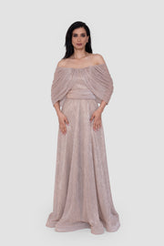 Noora Metallic Off-Shoulder With Pleated Draped Sleeves Maxi Dress