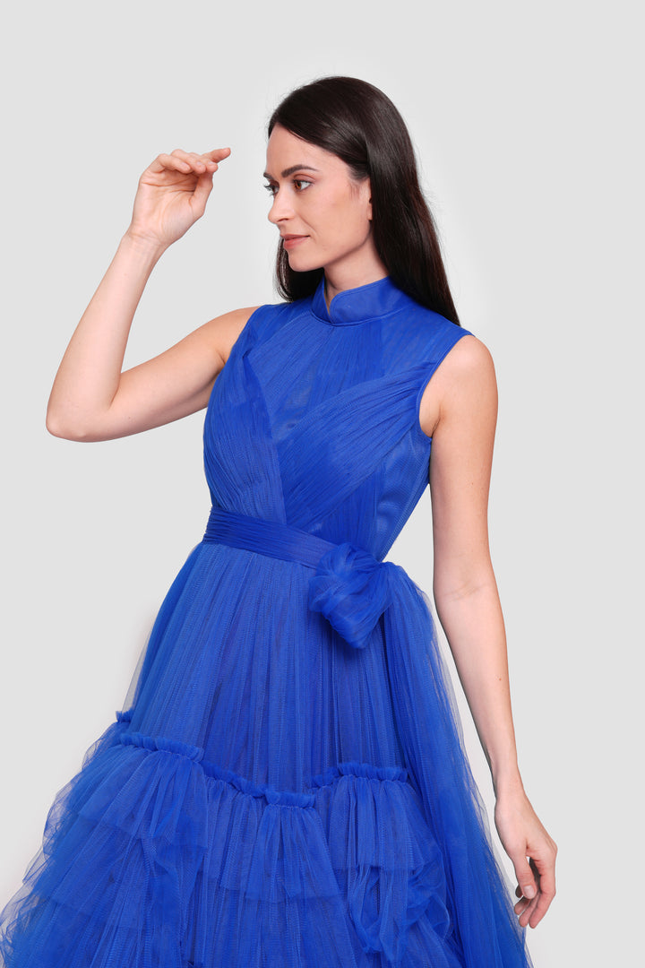 Lucy Midnight Blue Tulle High Neck Sleeveless Maxi Dress