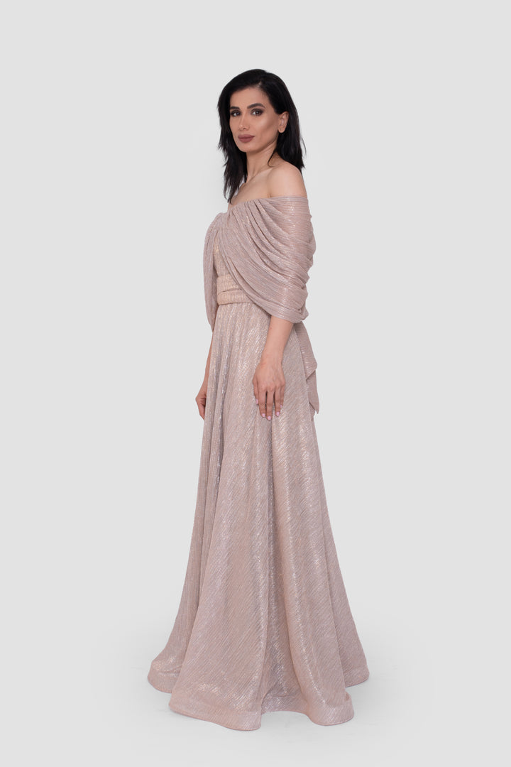 Noora Metallic Off-Shoulder With Pleated Draped Sleeves Maxi Dress