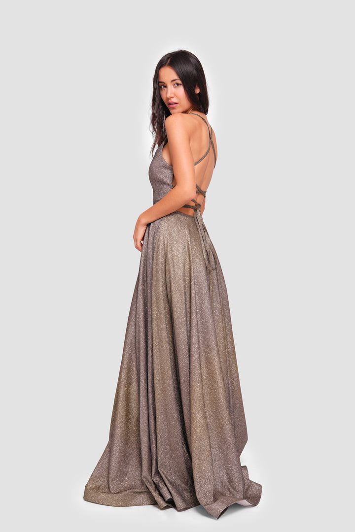 Josephine Shimmering Burnt Orange Glitter Fabric Sweetheart Neckline Maxi Dress