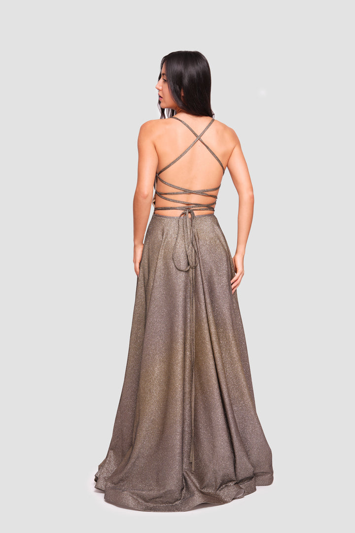 Josephine Shimmering Burnt Orange Glitter Fabric Sweetheart Neckline Maxi Dress
