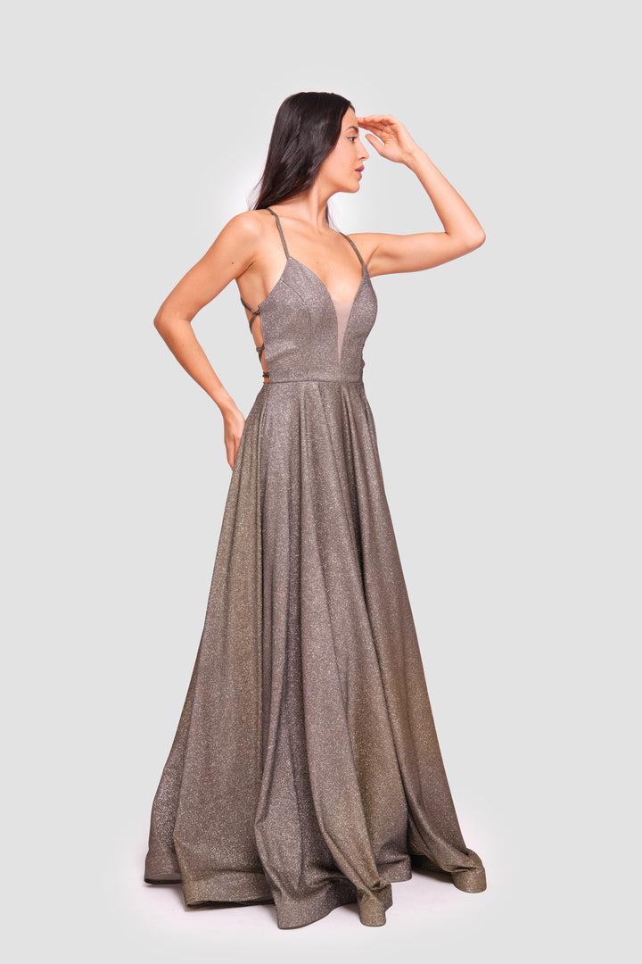 Josephine Shimmering Burnt Orange Glitter Fabric Sweetheart Neckline Maxi Dress