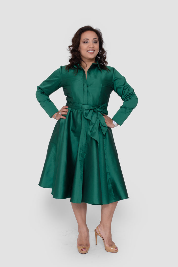 Elaine Taffeta Emerald Green Midi Dress