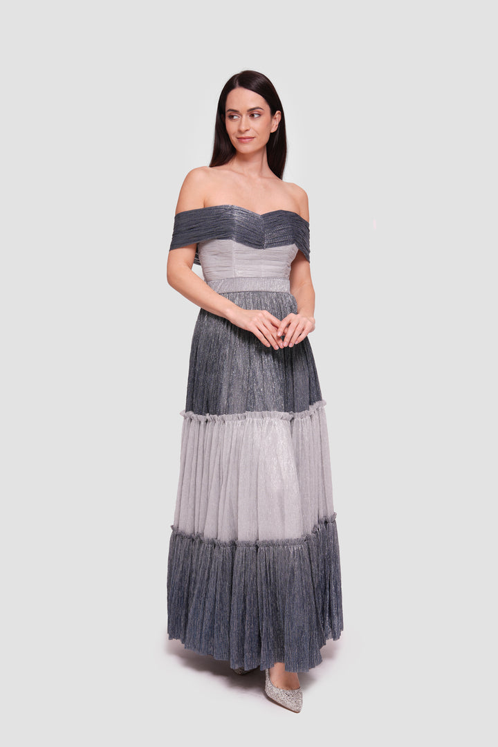Hailey Metallic Silver And Charcoal Off-shoulder Padded Corset Maxi Dress