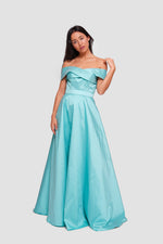 Load image into Gallery viewer, Riley Soft Cyan Taffeta Off-shoulder Corset Maxi Dress