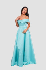 Load image into Gallery viewer, Riley Soft Cyan Taffeta Off-shoulder Corset Maxi Dress