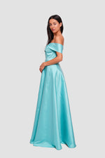 Load image into Gallery viewer, Riley Soft Cyan Taffeta Off-shoulder Corset Maxi Dress