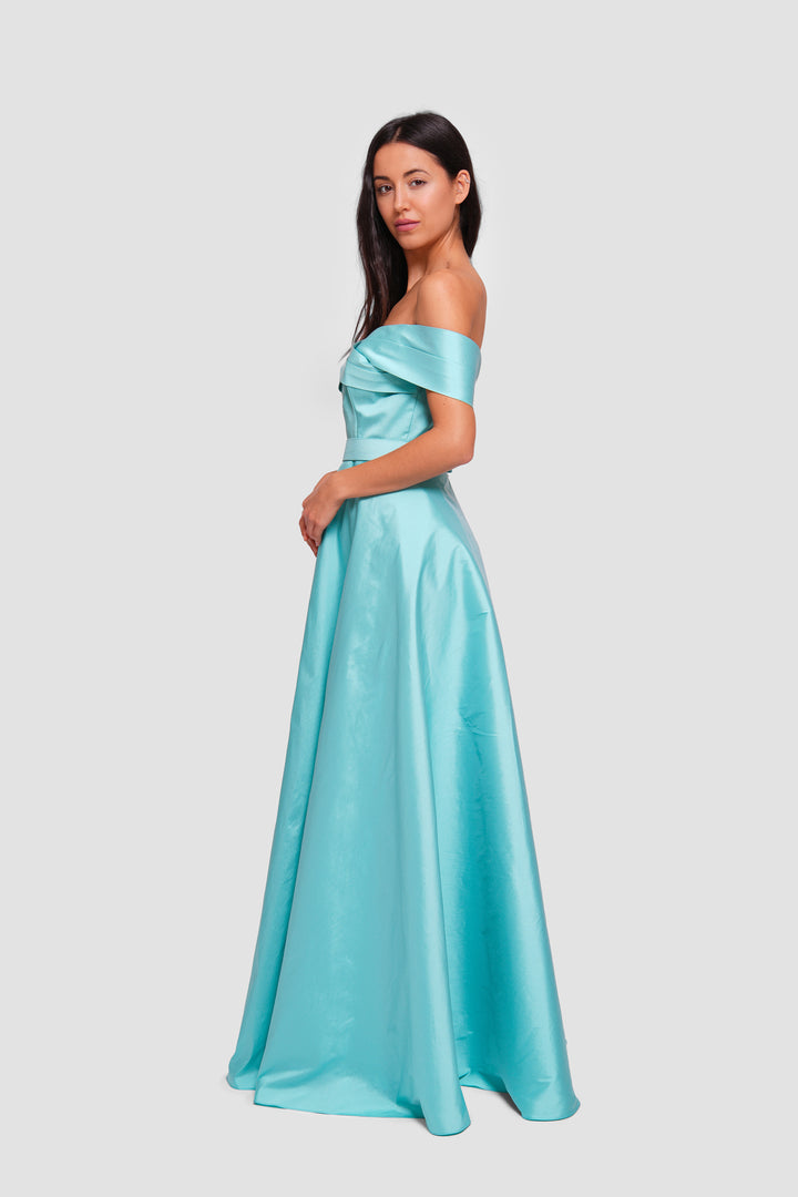 Riley Soft Cyan Taffeta Off-shoulder Corset Maxi Dress