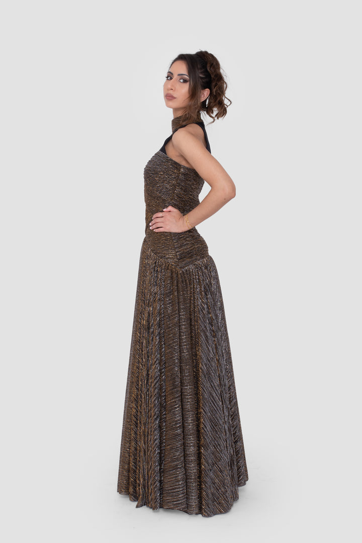 Viola Strapless Bronze And Black Metallic Maxi Dress