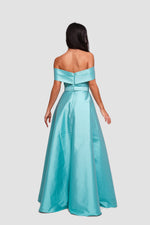 Load image into Gallery viewer, Riley Soft Cyan Taffeta Off-shoulder Corset Maxi Dress