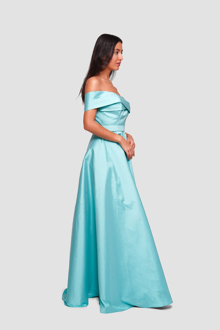 Riley Soft Cyan Taffeta Off-shoulder Corset Maxi Dress