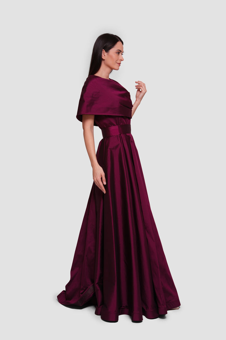 Aryana Deep Wine Taffeta Asymmetrical Draped Maxi Dress