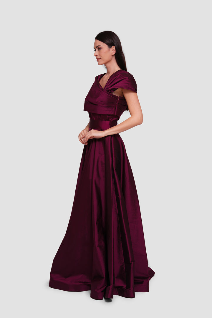 Aryana Deep Wine Taffeta Asymmetrical Draped Maxi Dress