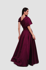 Load image into Gallery viewer, Aryana Deep Wine Taffeta Asymmetrical Draped Maxi Dress