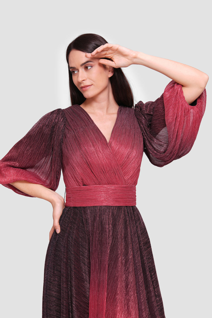 Heidi Metallic Scarlet Red To Black Ombre Pleated Maxi Dress