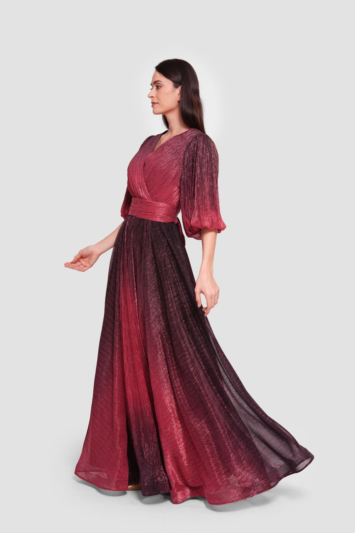 Heidi Metallic Scarlet Red To Black Ombre Pleated Maxi Dress