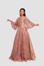 Load image into Gallery viewer, Manal Bronze And Gold Taffeta And Tulle With Embroidery And Sequins Maxi Dress