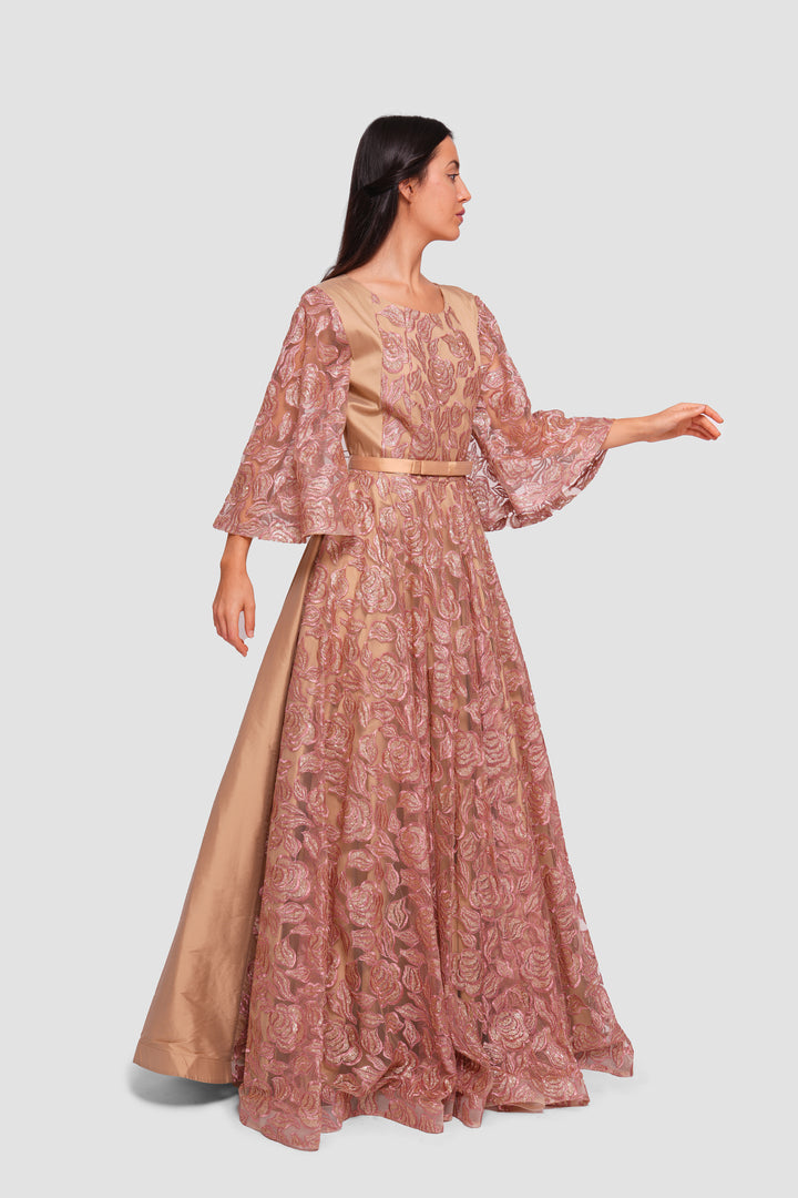 Manal Bronze And Gold Taffeta And Tulle With Embroidery And Sequins Maxi Dress