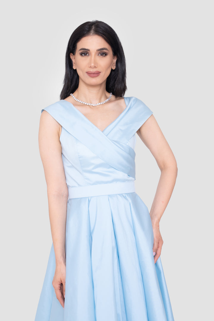 Adelina Powder Blue Taffeta V-neckline Maxi Dress