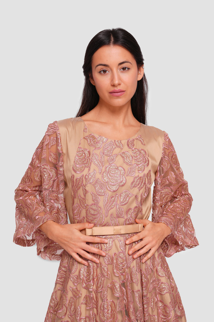 Manal Bronze And Gold Taffeta And Tulle With Embroidery And Sequins Maxi Dress