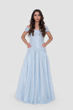 Load image into Gallery viewer, Noelia Powder Blue Metallic Off-Shoulder Gown With Asymmetrical Pleating