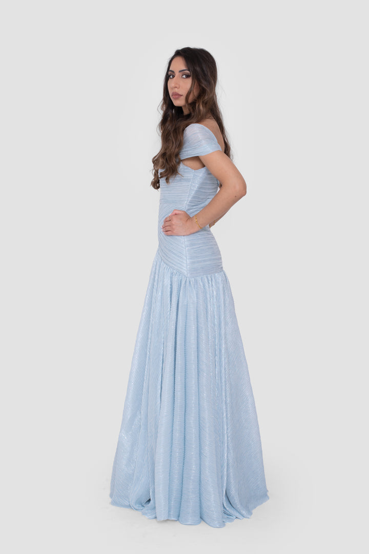 Noelia Powder Blue Metallic Off-Shoulder Gown With Asymmetrical Pleating
