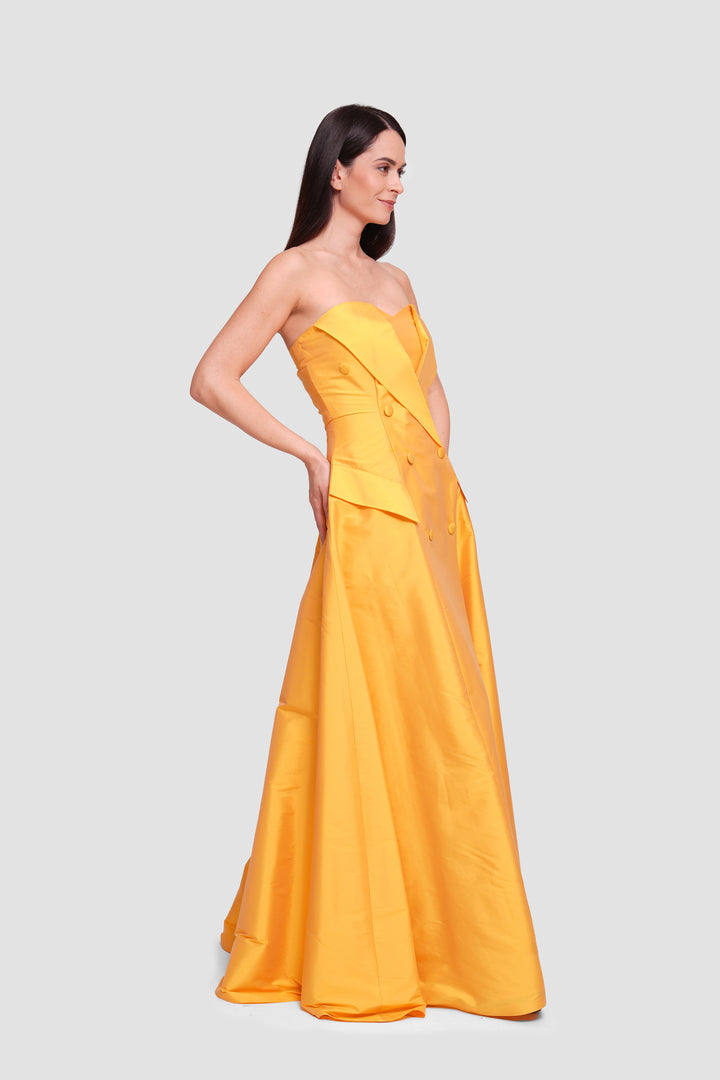 Alarina Yellow Mustard Taffeta Double Breasted Lapel-style Maxi Dress